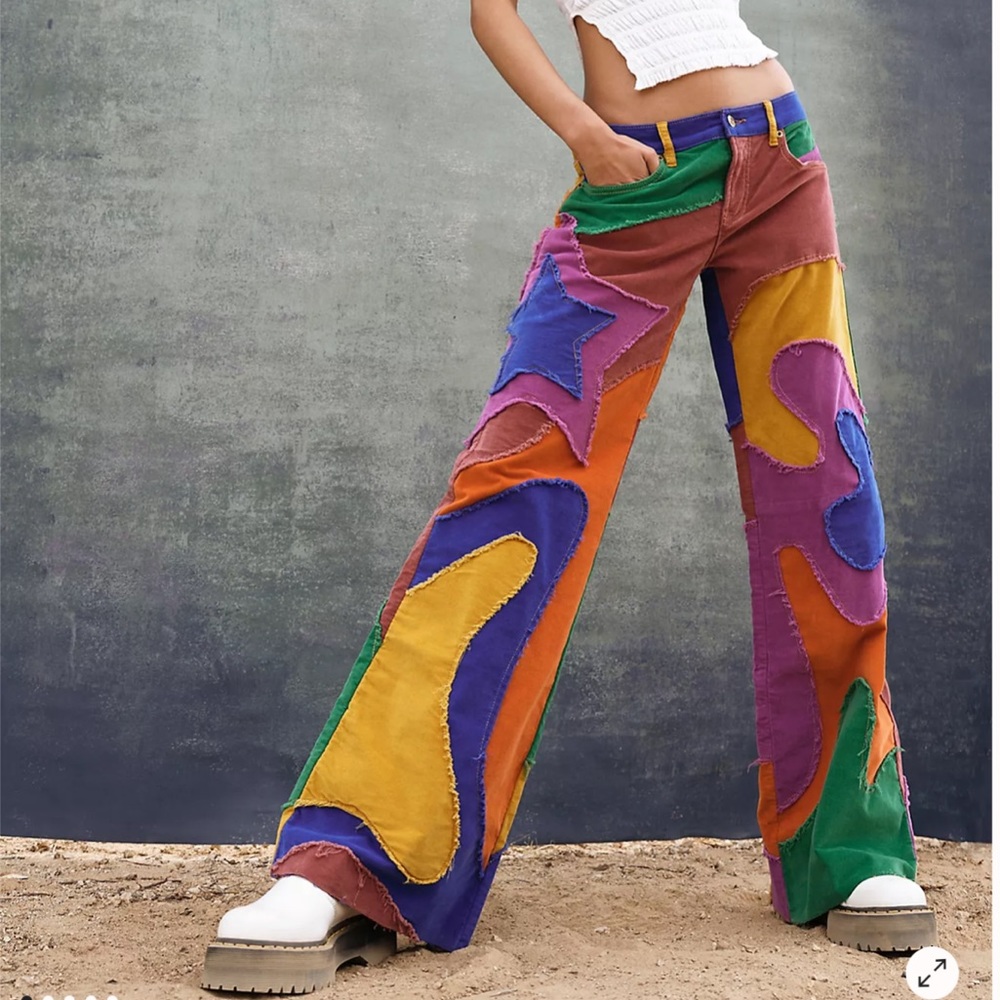 Free People Supernova Cord Groovy Patched Colorful Wide Leg Whimsical Jeans 25